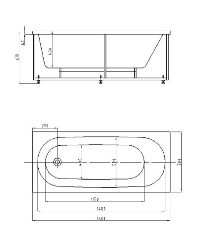 Акриловая ванна Aquatek Оберон 160х70 OBR160-0000026 без гидромассажа с фронтальной панелью с каркасом (разборный) со слив-переливом (слева)