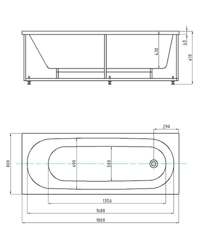 Акриловая ванна Aquatek Оберон 180х80 OBR180-0000003 без гидромассажа с фронтальной панелью с каркасом (разборный) со слив-переливом (слева)