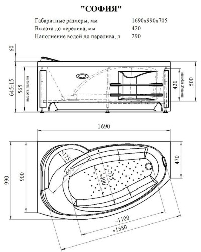 Акриловая ванна Radomir Vannesa София 169х99 R 2-75-2-2-0-223 с гидромассажем Классик Хром