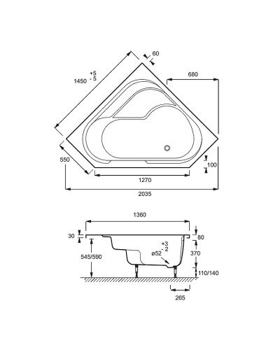 Акриловая ванна Jacob Delafon Bain Douche 145x145 R E6221RU-00 без гидромассажа