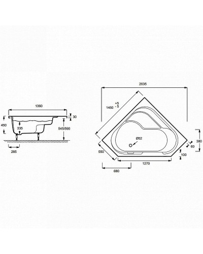Акриловая ванна Jacob Delafon Bain Douche 145x145 L E6222RU-00 без гидромассажа