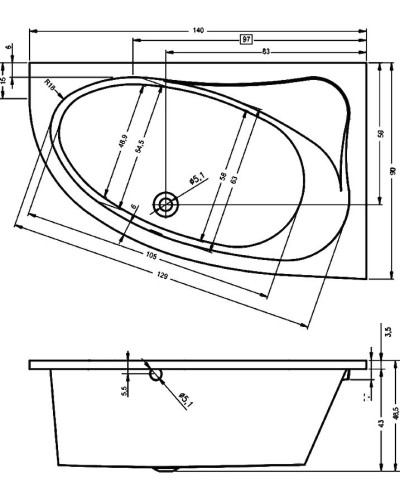 Акриловая ванна Riho Lyra 140x90 B020001005 (BA6600500000000) L без гидромассажа