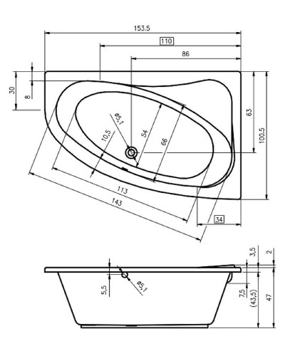 Акриловая ванна Riho Lyra 153x100 B022001005 (BA6800500000000) L без гидромассажа