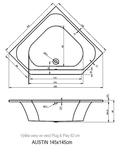 Акриловая ванна Riho Austin 145x145 B005001005 (BA1100500000000) без гидромассажа