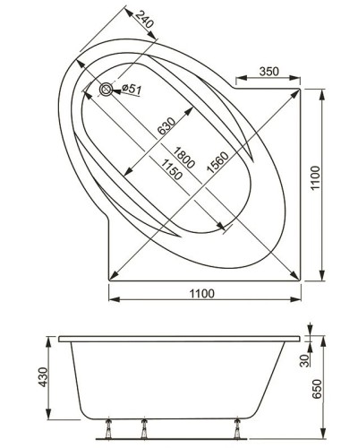 Акриловая ванна 139х139 см Vagnerplast Bahama VPBA139BAH3X-04
