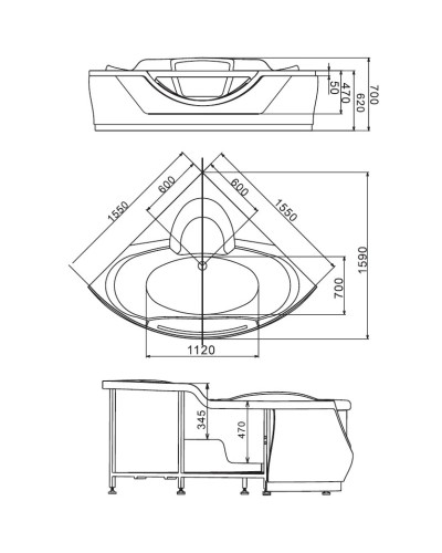 Акриловая гидромассажная ванна 155х155 см Gemy G9025 II B