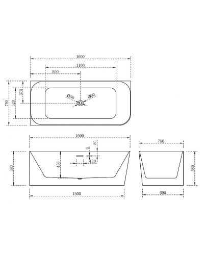 Акриловая ванна Abber 160х75 AB9331-1.6L без гидромассажа