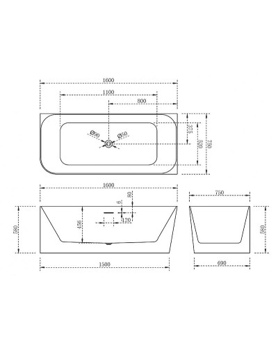 Акриловая ванна Abber 160х75 AB9331-1.6R без гидромассажа