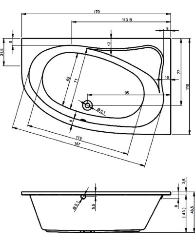 Акриловая ванна Riho Lyra 170x110 B018001005 (BA6400500000000) L без гидромассажа