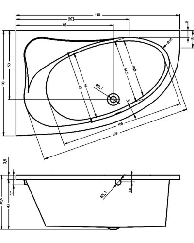 Акриловая ванна Riho Lyra 140x90 B019001005 (BA6500500000000) R без гидромассажа