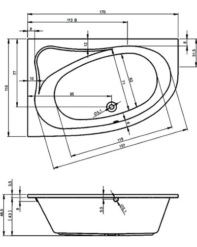 Акриловая ванна Riho Lyra 170x110 B017001005 (BA6300500000000) R без гидромассажа