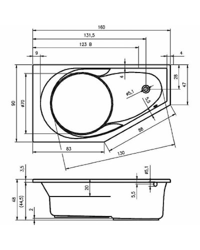 Акриловая ванна Riho Yukon 160x90 B008001005 (BA3400500000000) R без гидромассажа