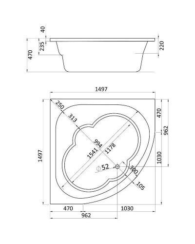 Акриловая ванна Santek Канны 150х150 1WH111983 без гидромассажа