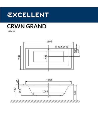 Акриловая ванна Excellent Crown Grand 190x90 WAEX.CRG19.SOFT.CR с гидромассажем
