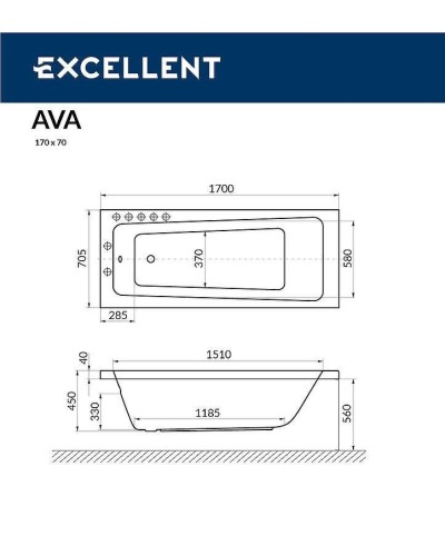 Акриловая ванна Excellent Ava 170x70 WAEX.AVA17.RELAX.CR с гидромассажем