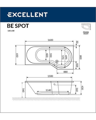 Акриловая ванна Excellent Be Spot 160x80 R WAEX.BSP16.SOFT.CR с гидромассажем