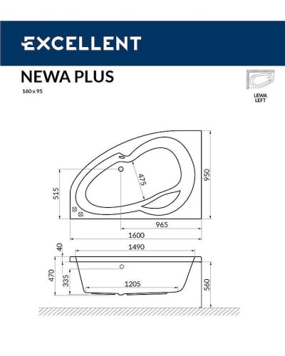 Акриловая ванна Excellent Newa 160x95 L WAEX.NEL16.ULTRA.CR с гидромассажем