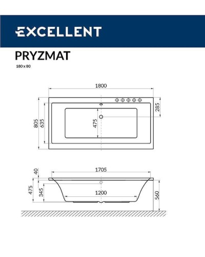 Акриловая ванна Excellent Pryzmat Slim 180x80 WAEX.PRY18S.SMART.CR с гидромассажем