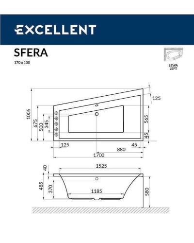 Акриловая ванна Excellent Sfera 170x100 L WAEX.SFL17.NANO.CR с гидромассажем