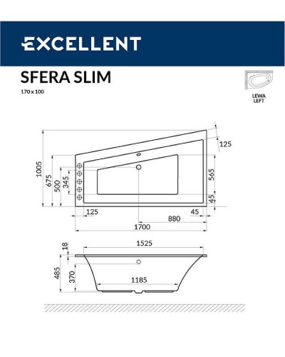 Акриловая ванна Excellent Sfera Slim 170x100 L WAEX.SFL17S.RELAX.CR с гидромассажем
