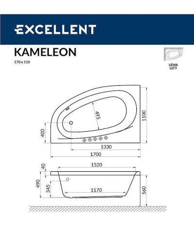 Акриловая ванна Excellent Kameleon 170x110 L WAEX.KML17.SOFT.CR с гидромассажем