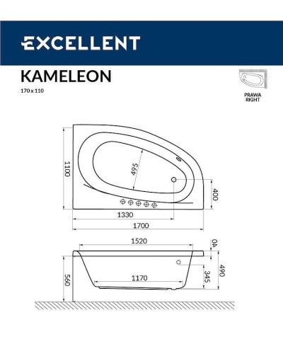 Акриловая ванна Excellent Kameleon 170x110 R WAEX.KMP17.SOFT.CR с гидромассажем