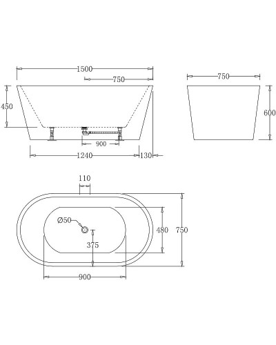 Акриловая ванна BelBagno 150x75 BB71-1500-W0 без гидромассажа