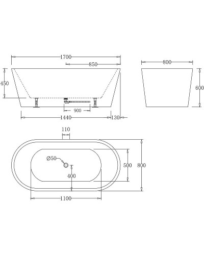 Акриловая ванна BelBagno 170x80 BB71-1700-NERO-W0 Черная Белая без гидромассажа
