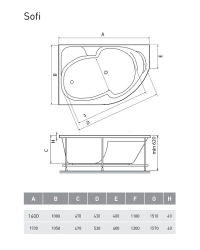 Акриловая ванна Relisan Sofi 160x100 L Гл000024565 без гидромассажа