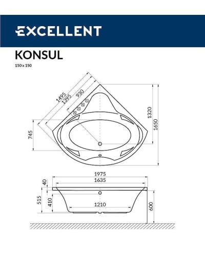 Акриловая ванна Excellent Konsul 150x150 WAEX.KON15.SMART.GL с гидромассажем
