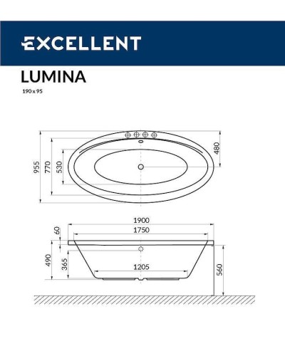 Акриловая ванна Excellent Lumina 190x95 WAEX.LUM19.RELAX.BR с гидромассажем