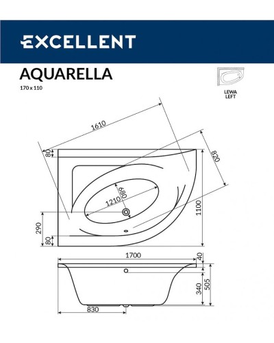 Акриловая ванна Excellent Aquarella 170x110 L WAEX.ARL17.SMART.BR с гидромассажем