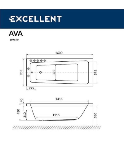 Акриловая ванна Excellent Ava 160x70 WAEX.AVA16.RELAX.GL с гидромассажем