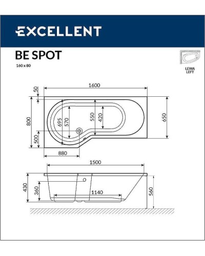 Акриловая ванна Excellent Be Spot 160x80 L WAEX.BSL16.SOFT.GL с гидромассажем