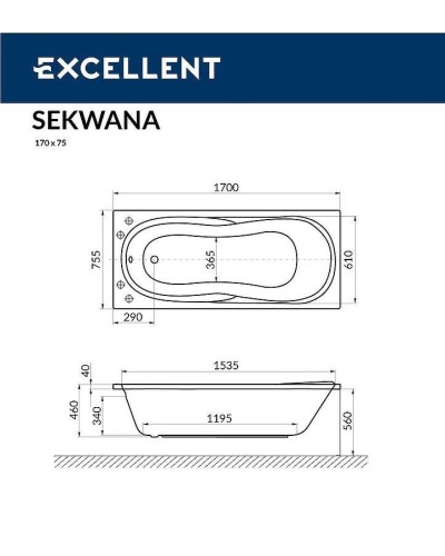 Акриловая ванна Excellent Sekwana 170x75 WAEX.SEK17.SOFT.GL с гидромассажем