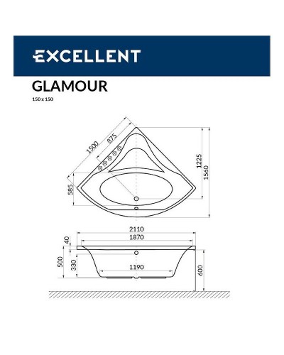 Акриловая ванна Excellent Glamour 150x150 WAEX.GLA15.ULTRA.BR с гидромассажем