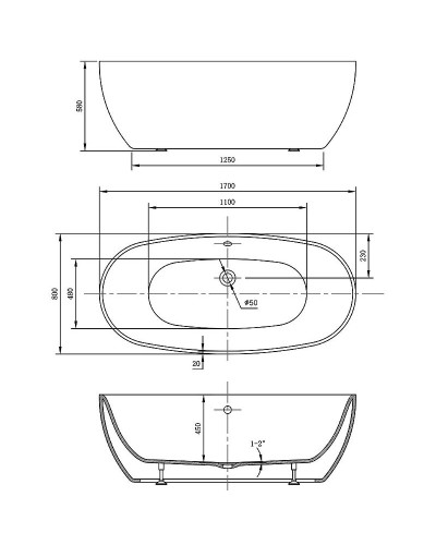Акриловая ванна Vincea 170x80 VBT-405-1700MW без гидромассажа