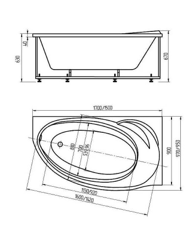Акриловая ванна Aquatek Бетта 160x97 R BET160-0000001 с гидромассажем с фронтальной панелью с каркасом (разборный) со слив-переливом