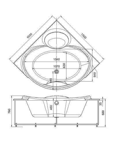 Акриловая ванна Aquatek Эпсилон 150х150 EPS150-0000005 с гидромассажем с фронтальной панелью с каркасом (разборный) со слив-переливом