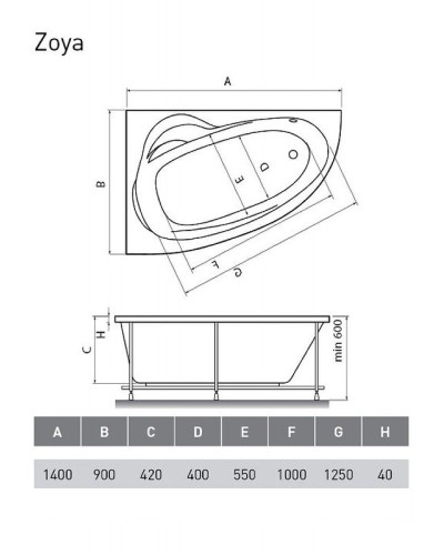 Акриловая ванна Relisan Zoya 140x90 L Гл000001247 без гидромассажа