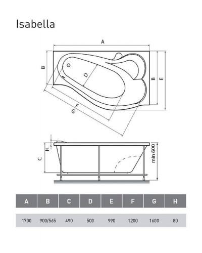 Акриловая ванна Relisan Isabella 170х90 R Гл000010530 без гидромассажа