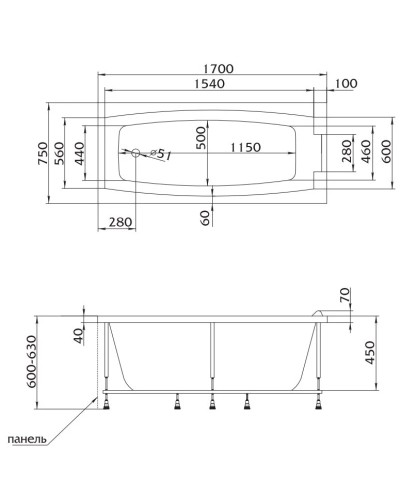 Акриловая ванна 170х75 см Marka One Aelita 01ae1775
