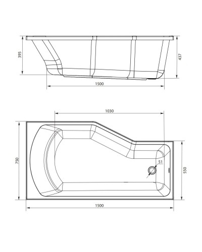 Акриловая ванна 150х75 см Marka One Convey L 01кон1575л