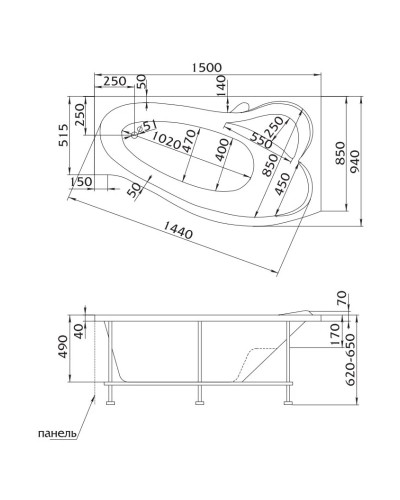 Акриловая ванна 150х94 см L Marka One Gracia 01гр1590л