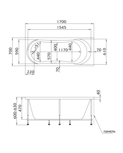 Акриловая ванна 170х70 см Marka One Libra 01ли1770