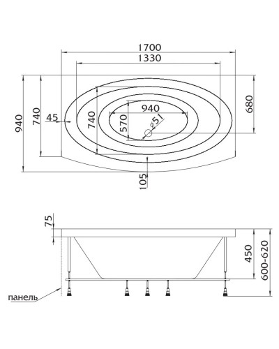 Акриловая ванна 170х94 см Marka One Nega 01нег1795
