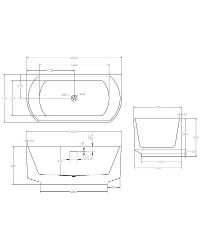 Акриловая ванна Abber 150х75 AB9488-1.5 без гидромассажа