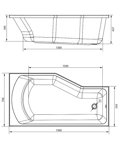 Акриловая ванна Marka One Convey 150х75 R 01кон1575п без гидромассажа