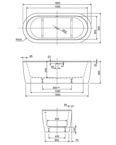 Акриловая ванна Cezares Slim 180x80 SLIM CENTRAL-180-80-60-NERO-SET без гидромассажа