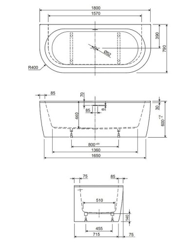 Акриловая ванна Cezares Slim 180x79 SLIM WALL-180-80-60-W37-SET без гидромассажа